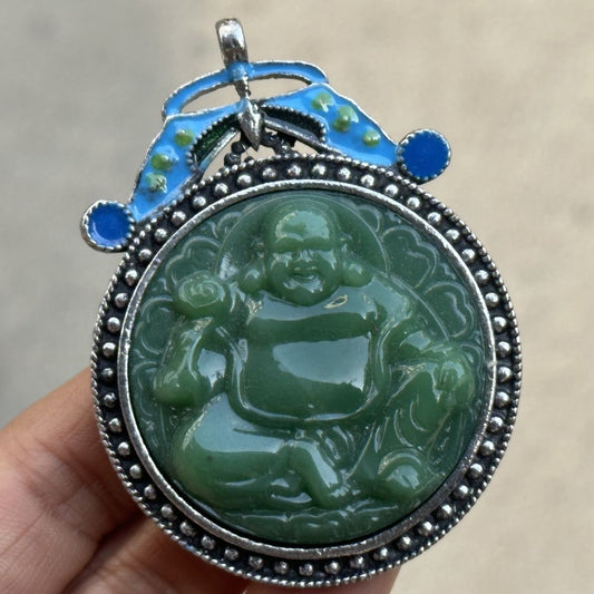 Exquisite Handcrafted Cloisonné Lion & Laughing Buddha Pendant - Unique Home & Office Decor