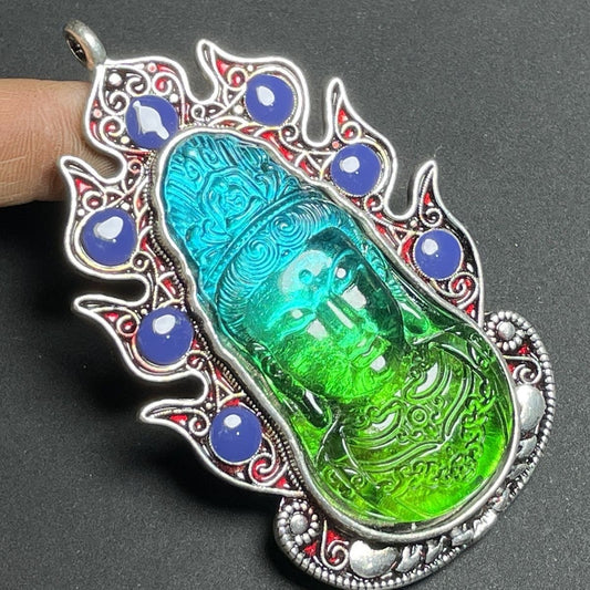 Handmade Gem-Embedded Avalokitesvara Buddha Pendant - Exquisite Handmade Artwork, Unique Gift