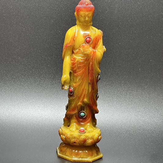 Exquisite Handmade Aged Shoushan Stone Buddha Carving with Gemstone Inlay - A Rare Artwork for Decor and Gifting