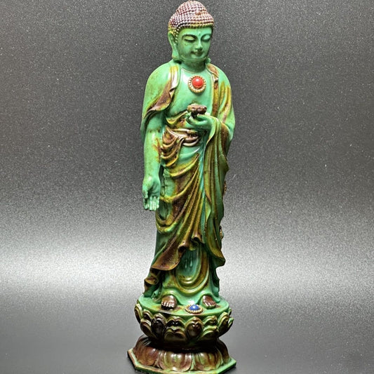 Exquisite Handmade Aged Shoushan Stone Buddha Statue with Gem Inlay - A Rare and Elegant Art Piece for Decoration and Gifting