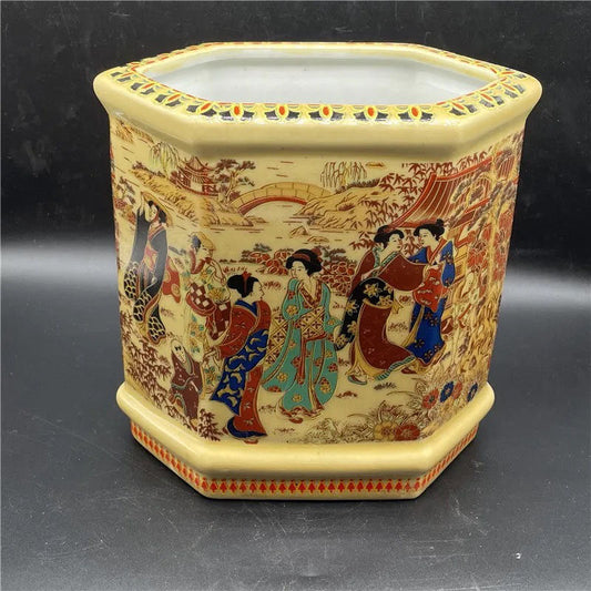 Antique Jingdezhen Enameled Ceramic Maidens Brush Washer & Cup Set - A Rare and Exquisite Artwork for Decor & Collection