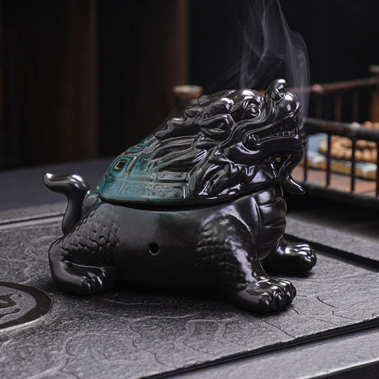 Exquisite Handmade Dragon-Turtle Ceramic Incense Burner - A Rare and Elegant Art Decoration for Home & Office