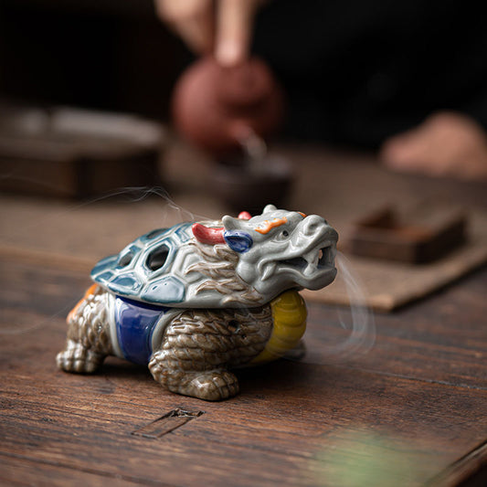 Exquisite Handmade Ancient Style Dragon-Turtle Pottery Incense Burner - A Rare and Artistic Decoration for Home & Office