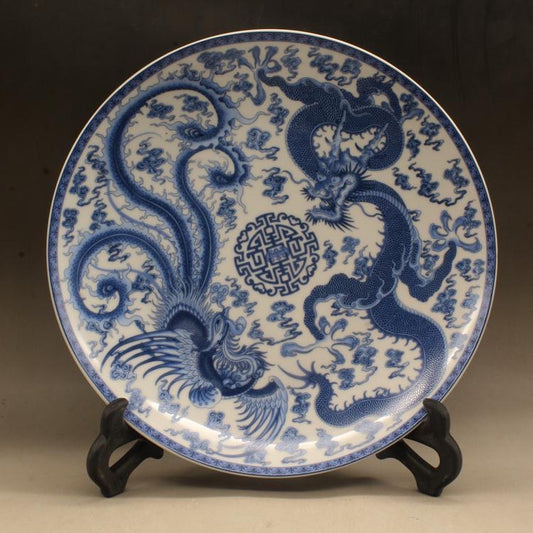 Exquisite Qing Qianlong Blue and White Porcelain Plate with Dragon and Phoenix Patterns - Antique Desktop Decoration