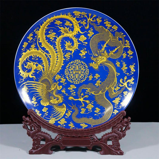 Exquisite Qing Qianlong Blue and White Porcelain Plate with Dragon and Phoenix Patterns - Antique Tabletop Decoration