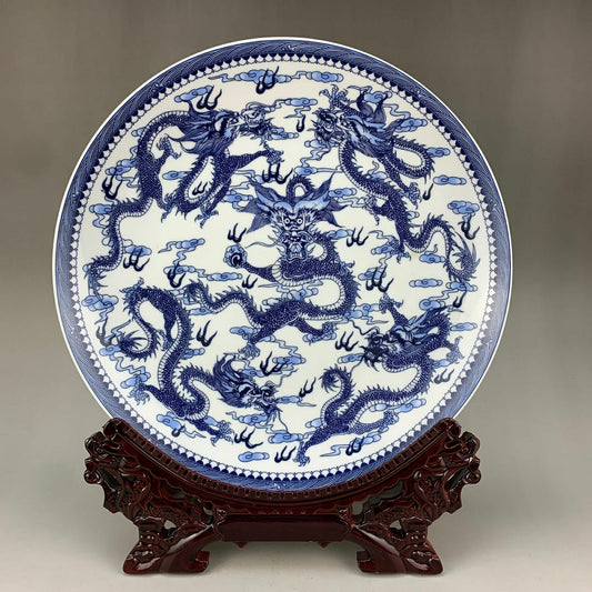 Rare Qing Qianlong Era Blue and White Porcelain Plate with Five Dragon Design - Antique Collectible & Decorative Gift