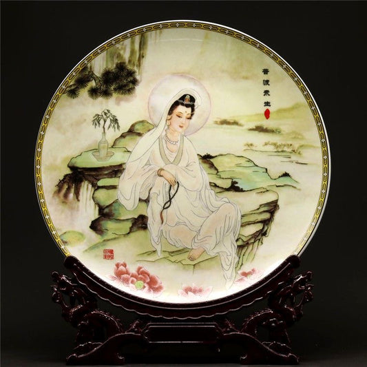 Exquisite Qing Qianlong Light Crimson Porcelain Plate with Guanyin Bodhisattva - Antique Tabletop Decoration