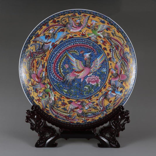 Gorgeous Qing Qianlong Enameled Porcelain Plate with Nine Phoenix Dance Patterns - Antique Home Decoration