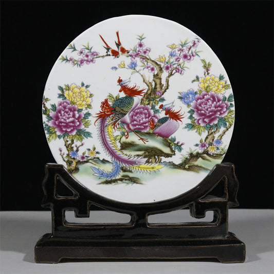 Exquisite Jingdezhen Antique Famille Rose Porcelain Screen with Phoenix Design - Decorative Collectible