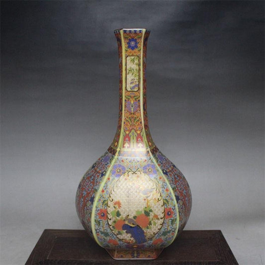 Exquisite Qing Yongzheng Enameled Hexagonal Vase with Flowers and Birds - Antique Collectible & Decoration