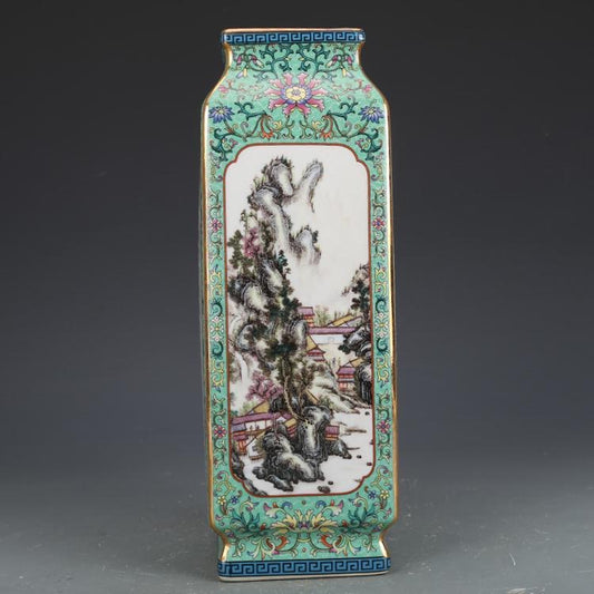 Exquisite Qing Qianlong Enameled Square Vase with Landscape and Pavilions - Antique Decoration from Jingdezhen