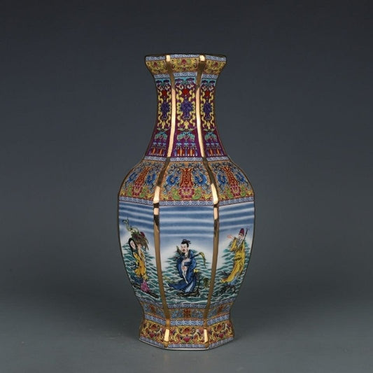 Exquisite Qing Qianlong Enameled Gilt Vase with Eight Immortals Crossing the Sea - Chinese Style Antique Decoration for Living Room