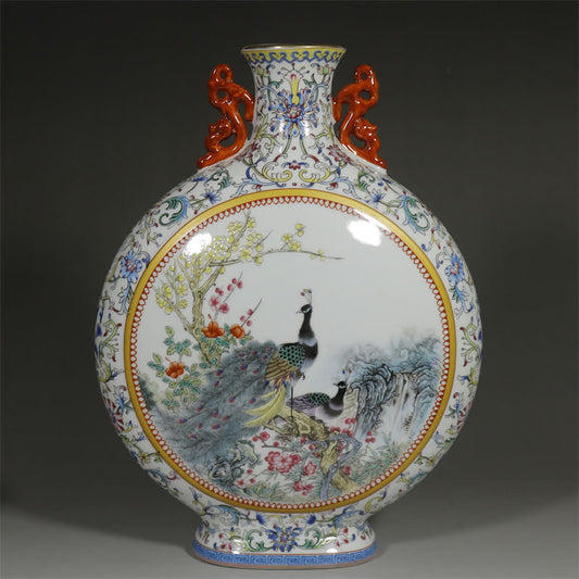 Exquisite Jingdezhen Master-Crafted Famille Rose Peacock and Moon Vase - Decoration for Home, Study & Office