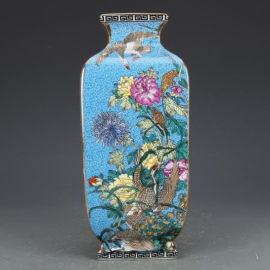 Exquisite Qing Qianlong Enameled Blue-Ground Square Vase with Flowers and Birds - Antique Collectible