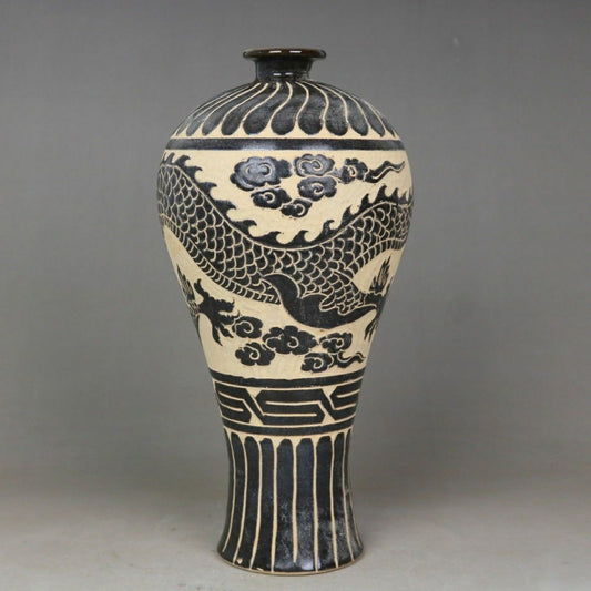 Exquisite Song Cizhou Kiln Carved Dragon and Cloud Pattern Beauty Vase - Antique Ceramic Collectible Decoration