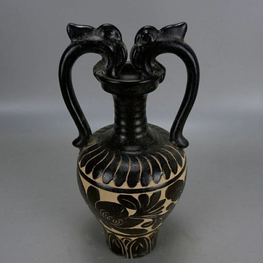 ：Exquisite Song Dynasty Cizhou Kiln Black Glaze Hand-Carved Twin Dragon Vase - Antique Collectible Decoration