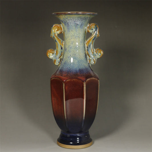 Exquisite 1980s Jun Kiln Flambé Glaze Double-Handled Vase - Chinese Style Antique Decoration for Home & Office