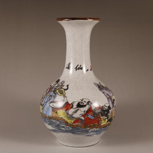 Exquisite Qing Qianlong Famille Rose Crackle Vase with Eight Immortals Crossing the Sea - Chinese Antique Style Decoration