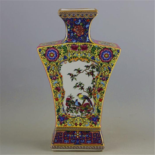 Exquisite Qing Yongzheng Enameled Square Flat Vase with Flowers and Birds - Jingdezhen Antique Decoration for Collection