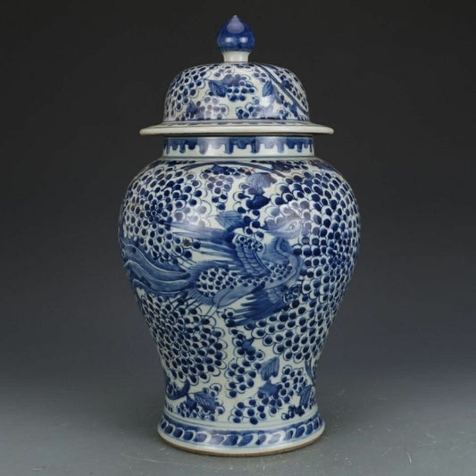 Exquisite Imitation Qing Kangxi Blue and White Phoenix Pattern General Jar - Antique Collectible with Authenticity Guarantee