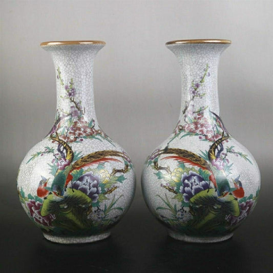 Exquisite Pair of Qing Qianlong Famille Rose Peony and Flower & Bird Vases - Antique Chinese Style Decoration for Home