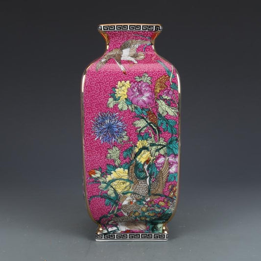 Exquisite Imitation Qing Qianlong Red Ground Gold-Enameled Square Vase with Flowers and Birds - Antique Jingdezhen Ceramic Decoration