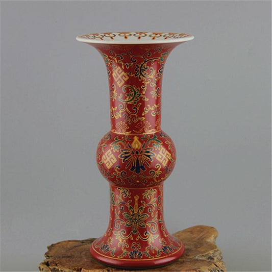 Exquisite Qing Qianlong Red Ground Enameled Flower Vase - Imitation Antique for Collection