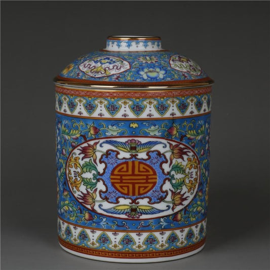 Exquisite Yongzheng Gold-Enameled Blue-Ground Longevity Character Tea Caddy - Antique Imitation Decoration