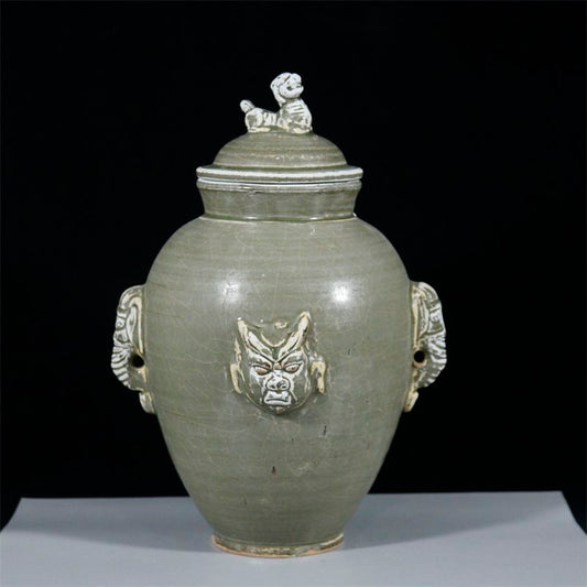 Exquisite Western Jin Yue Kiln Carved Four-Head Lid Pot - Antique Collectible Decoration