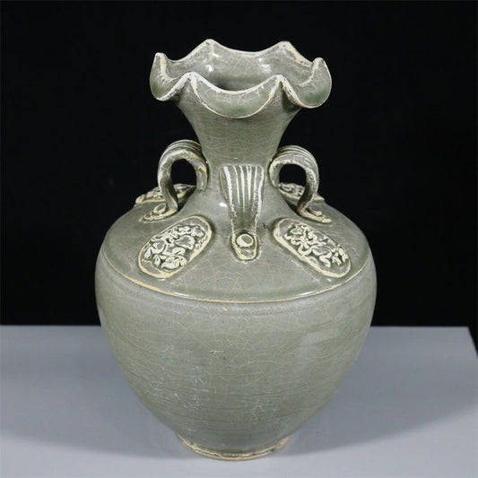 Exquisite Western Jin Yue Kiln Carved Four-Happiness Flower-Mouth Vase - Antique Collectible Decoration