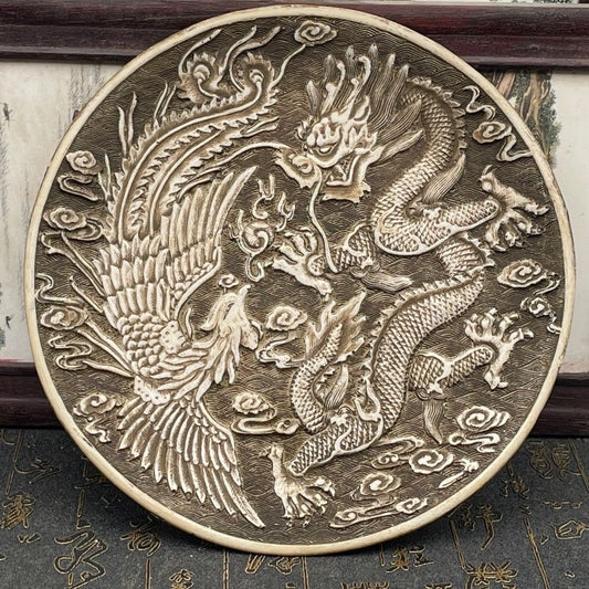 Exquisite Handcrafted Nepalese Silver Phoenix and Dragon Plate - Unique Living Room Ornament