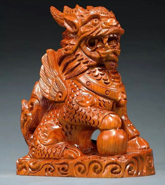 Exquisite Handcrafted Rosewood Kirin Statue - Unique and Rare Desk Ornament