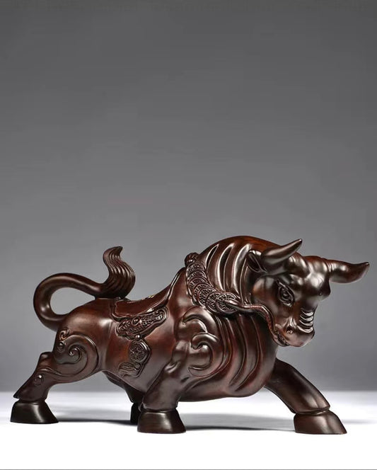 Hand-carved Ebony Wall Street Bull Figurine, Zodiac Ox Wooden Craft Home Decor Mahogany Gift