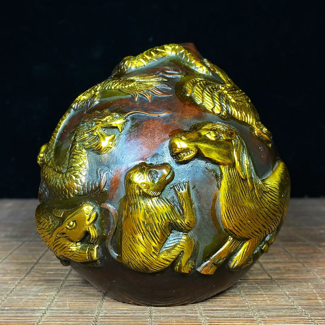 Pure Copper Gilded Peach Sculpture with Engraved 12 Zodiac Animals