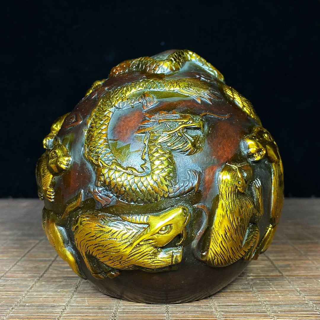 Pure Copper Gilded Peach Sculpture with Engraved 12 Zodiac Animals