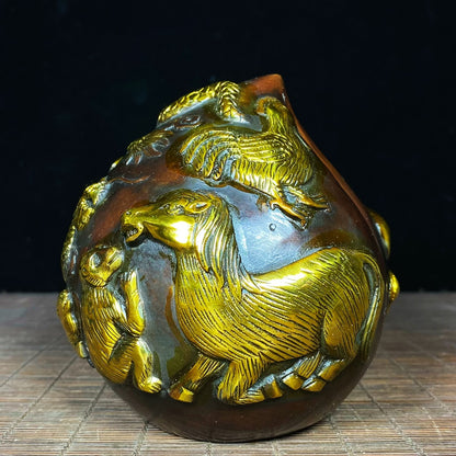 Pure Copper Gilded Peach Sculpture with Engraved 12 Zodiac Animals