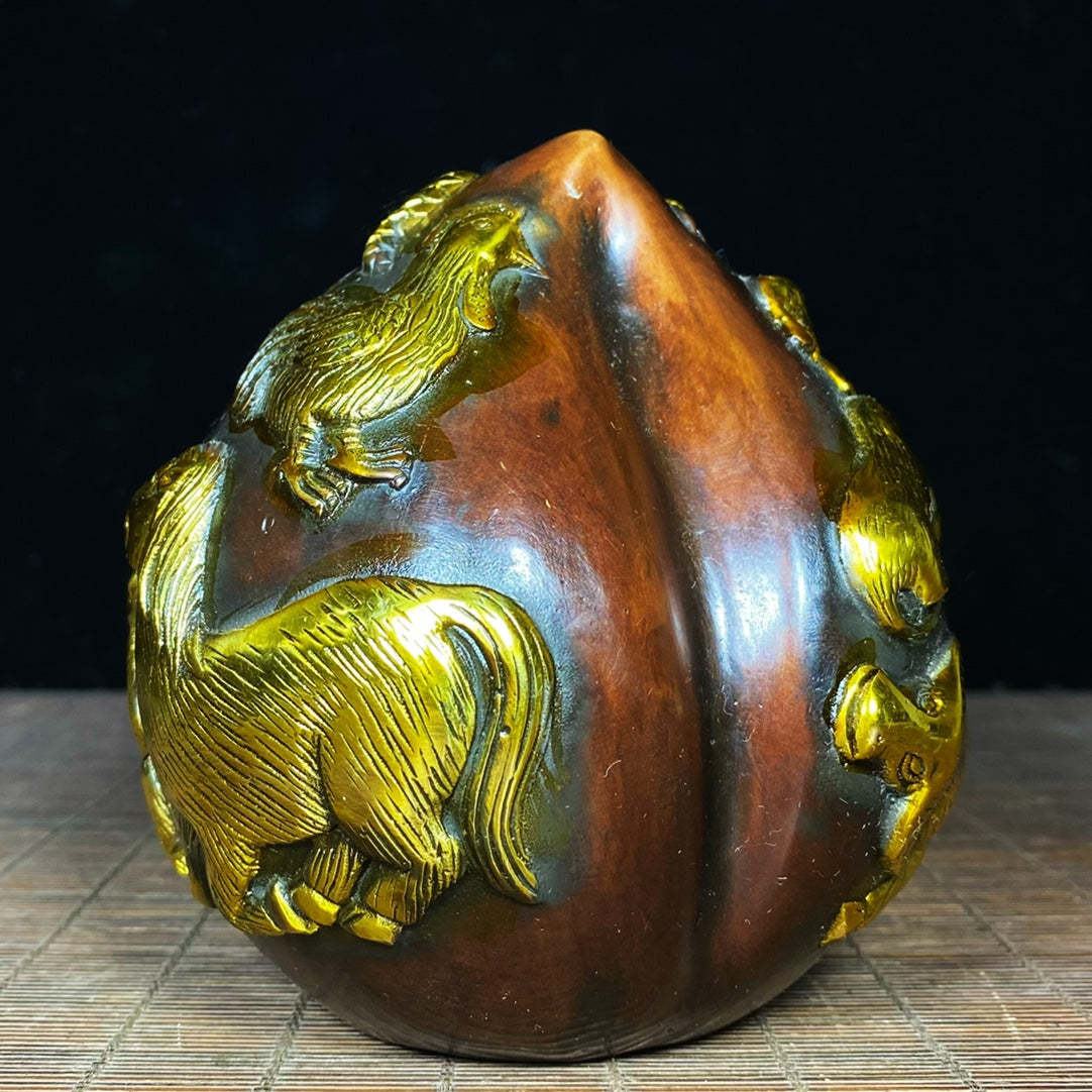 Pure Copper Gilded Peach Sculpture with Engraved 12 Zodiac Animals