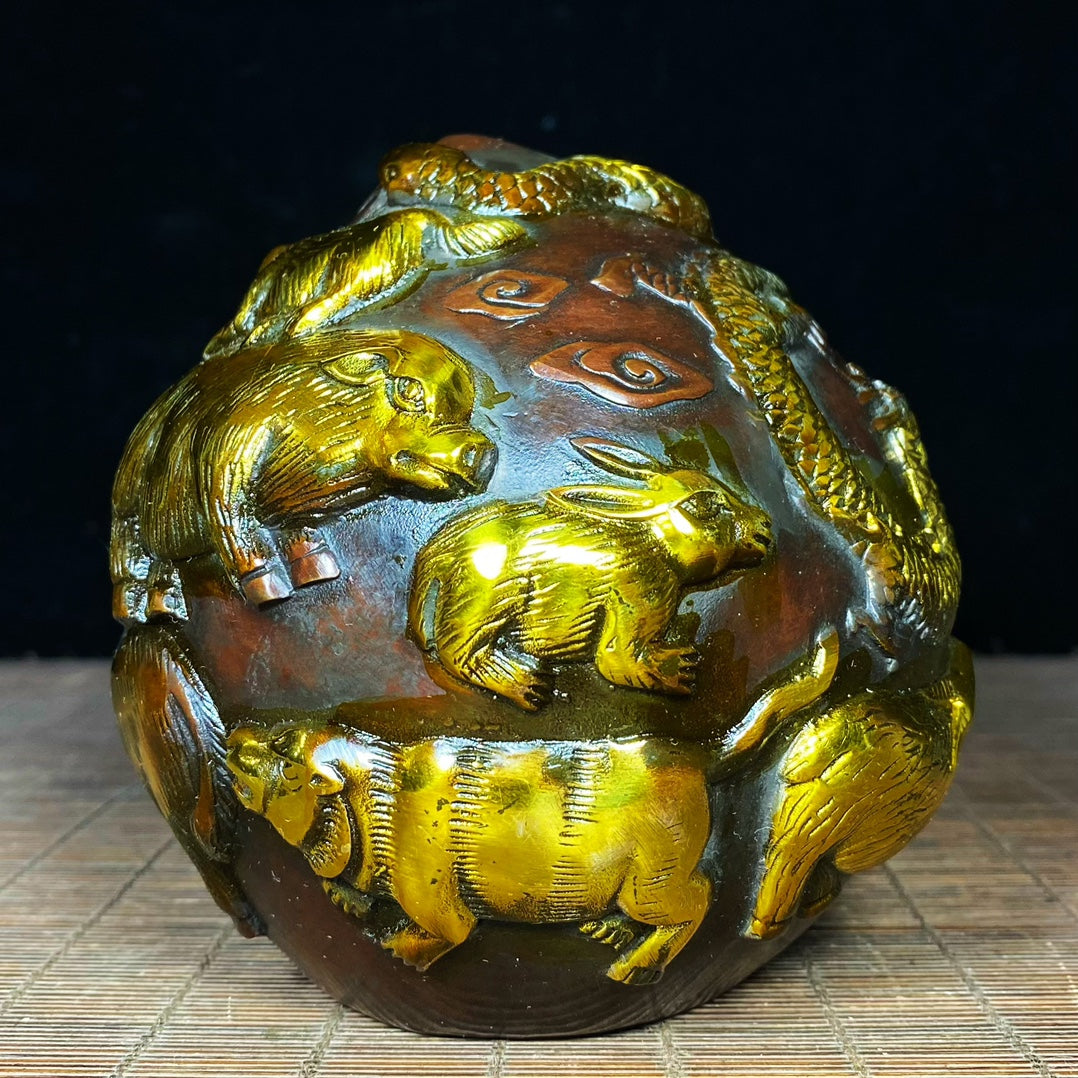 Pure Copper Gilded Peach Sculpture with Engraved 12 Zodiac Animals