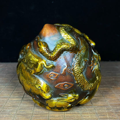 Pure Copper Gilded Peach Sculpture with Engraved 12 Zodiac Animals