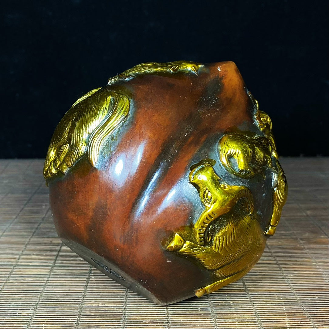 Pure Copper Gilded Peach Sculpture with Engraved 12 Zodiac Animals