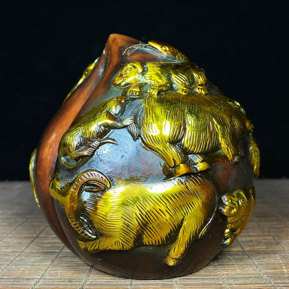 Pure Copper Gilded Peach Sculpture with Engraved 12 Zodiac Animals