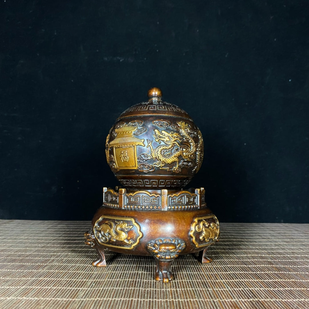 Antique Gilded Pure Copper Incense Burner - Symbolizes Good Fortune and Prestige - J1003