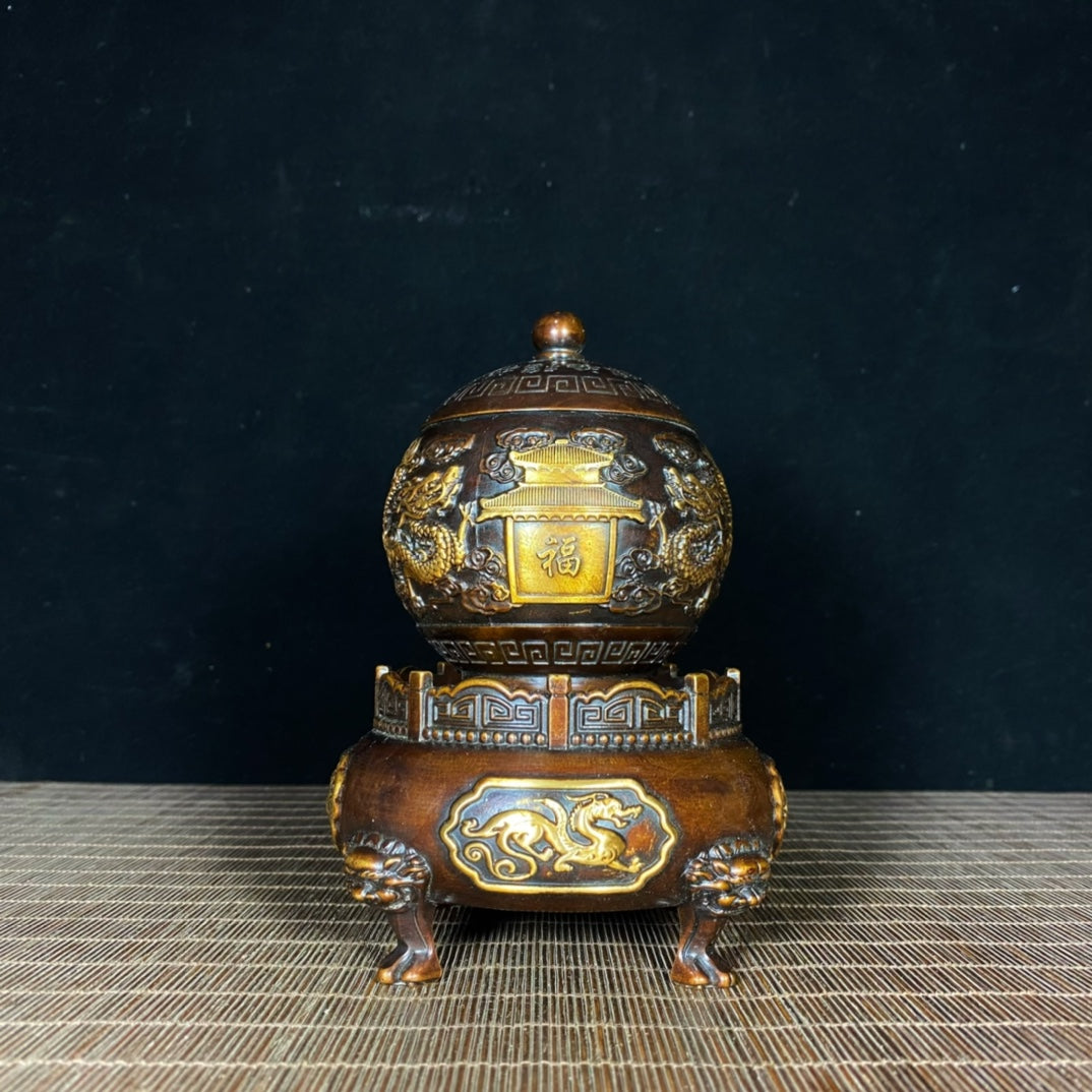 Antique Gilded Pure Copper Incense Burner - Symbolizes Good Fortune and Prestige - J1003