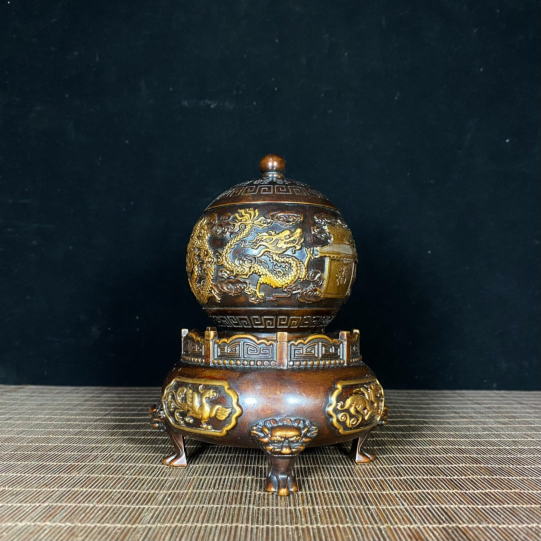 Antique Gilded Pure Copper Incense Burner - Symbolizes Good Fortune and Prestige - J1003