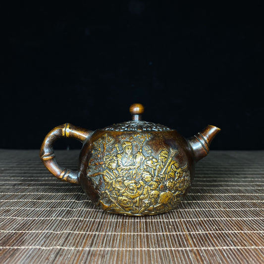 Handcrafted Pure Copper Gilded Relief Eight Immortals Teapot - Asian Antique