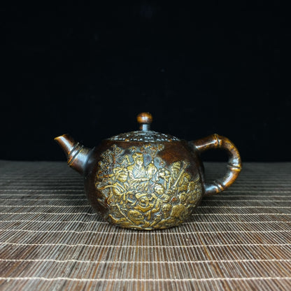 Handcrafted Pure Copper Gilded Relief Eight Immortals Teapot - Asian Antique