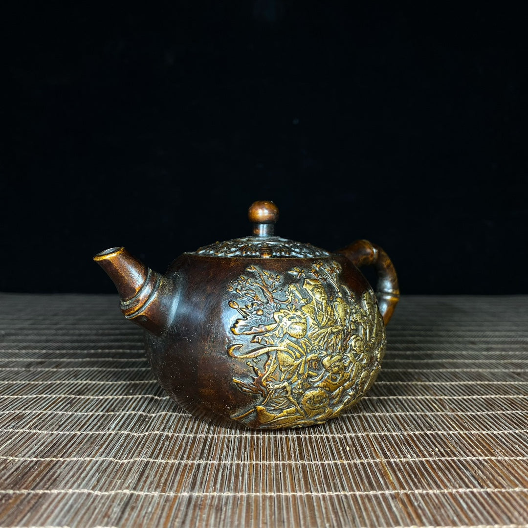 Handcrafted Pure Copper Gilded Relief Eight Immortals Teapot - Asian Antique