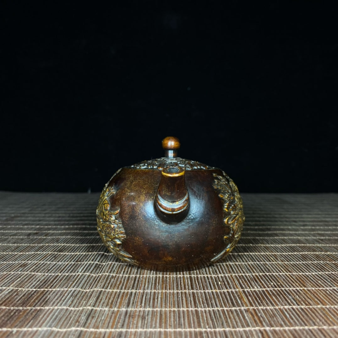 Handcrafted Pure Copper Gilded Relief Eight Immortals Teapot - Asian Antique