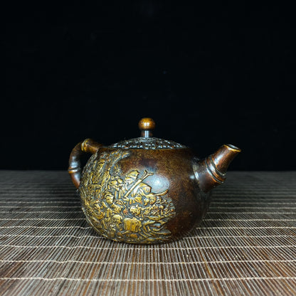 Handcrafted Pure Copper Gilded Relief Eight Immortals Teapot - Asian Antique