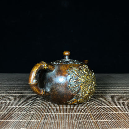 Handcrafted Pure Copper Gilded Relief Eight Immortals Teapot - Asian Antique